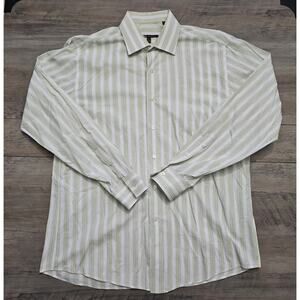 BCBG Attitude Mens White Green Stripped Long Sleeve Button-Up Shirt Size Large